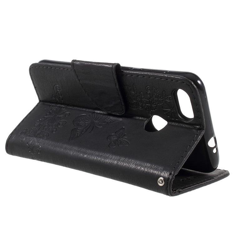 Imprinted Butterfly Flowers Leather Wallet Cover for Huawei P9 lite mini / Enjoy 7 / Y6 Pro (2017) - Black