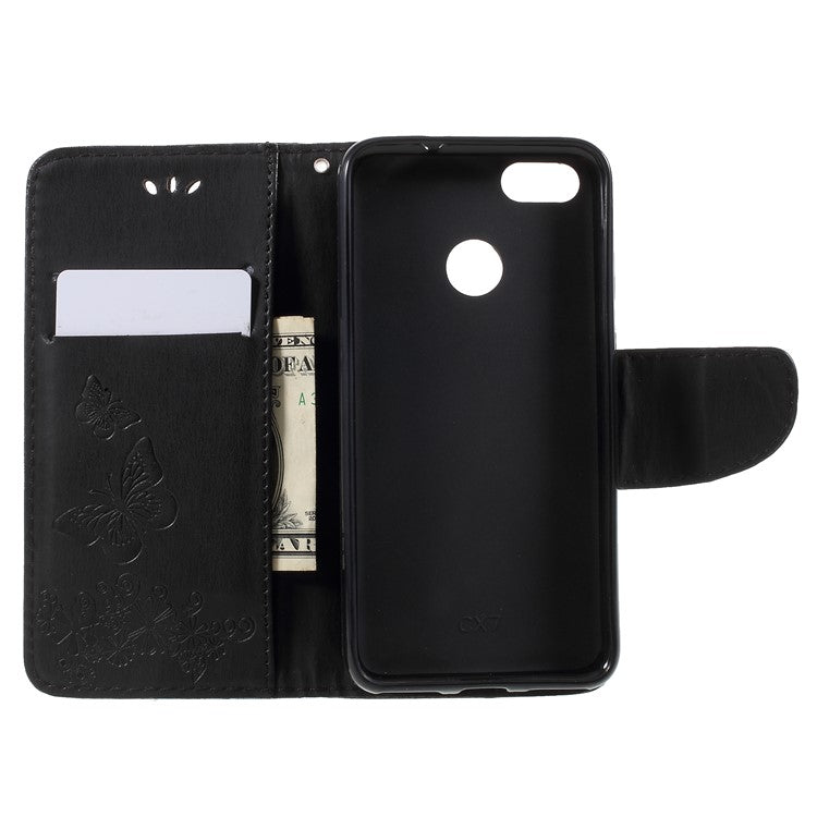 Imprinted Butterfly Flowers Leather Wallet Cover for Huawei P9 lite mini / Enjoy 7 / Y6 Pro (2017) - Black