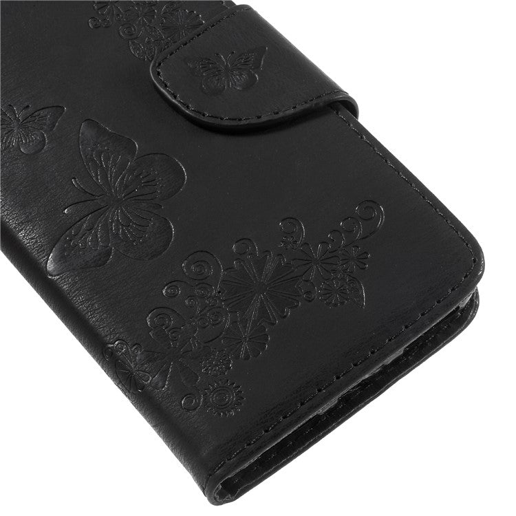 Imprinted Butterfly Flowers Leather Wallet Cover for Huawei P9 lite mini / Enjoy 7 / Y6 Pro (2017) - Black