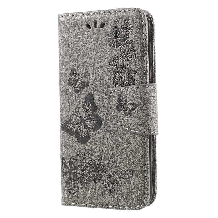 Imprinted Butterfly Flowers Magnetic Leather Wallet Case for Huawei P9 lite mini / Enjoy 7 / Y6 Pro (2017) - Grey