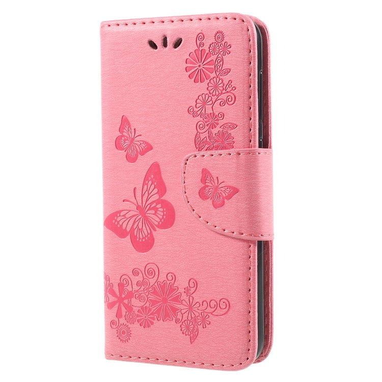 Imprinted Butterfly Flowers Phone Leather Wallet Case for Huawei P9 lite mini / Enjoy 7 / Y6 Pro (2017) - Pink