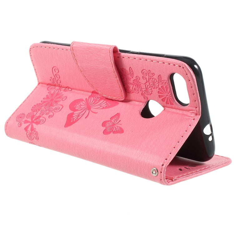 Imprinted Butterfly Flowers Phone Leather Wallet Case for Huawei P9 lite mini / Enjoy 7 / Y6 Pro (2017) - Pink
