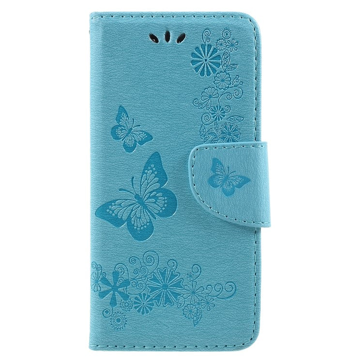 Imprinted Butterfly Flowers Leather Stand Case with Card Slots for Huawei P9 lite mini / Enjoy 7 / Y6 Pro (2017) - Blue