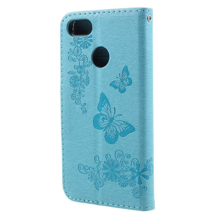 Imprinted Butterfly Flowers Leather Stand Case with Card Slots for Huawei P9 lite mini / Enjoy 7 / Y6 Pro (2017) - Blue