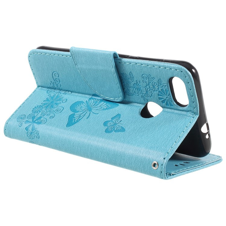 Imprinted Butterfly Flowers Leather Stand Case with Card Slots for Huawei P9 lite mini / Enjoy 7 / Y6 Pro (2017) - Blue