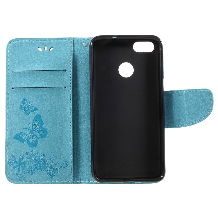 Imprinted Butterfly Flowers Leather Stand Case with Card Slots for Huawei P9 lite mini / Enjoy 7 / Y6 Pro (2017) - Blue