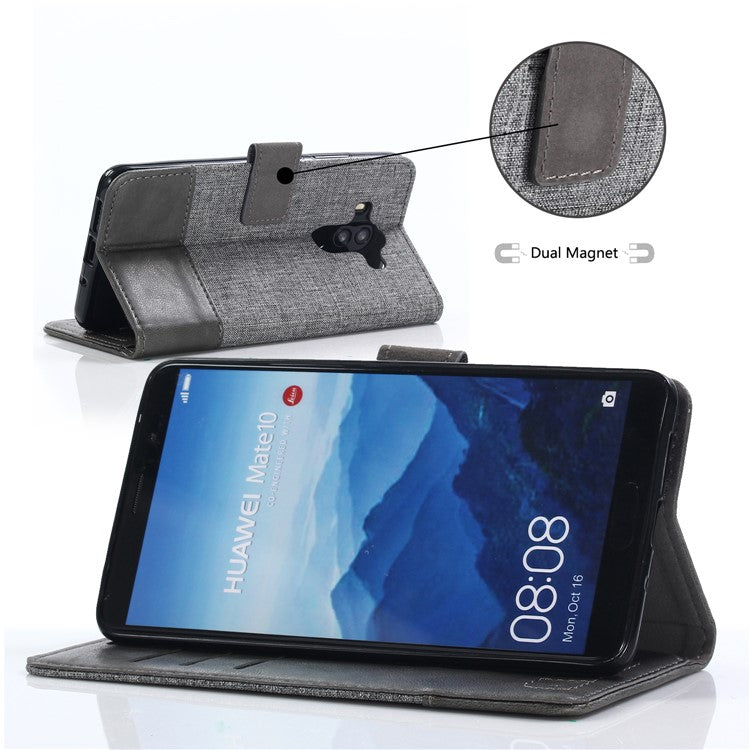 MUXMA Splicing PU Leather Canvas Wallet Phone Case for Huawei Mate 10 Pro - Grey