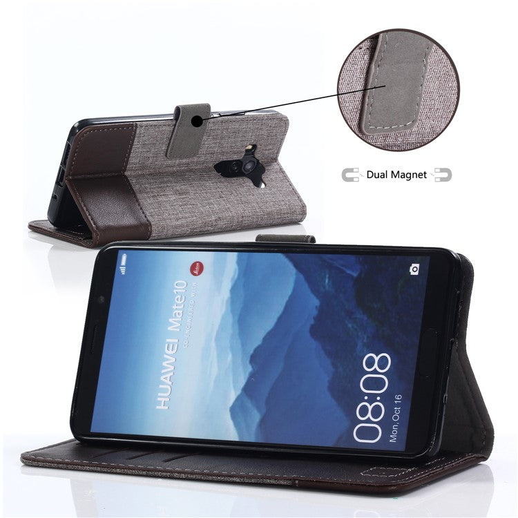 MUXMA Splicing PU Leather Canvas Wallet Phone Shell for Huawei Mate 10 Pro - Brown