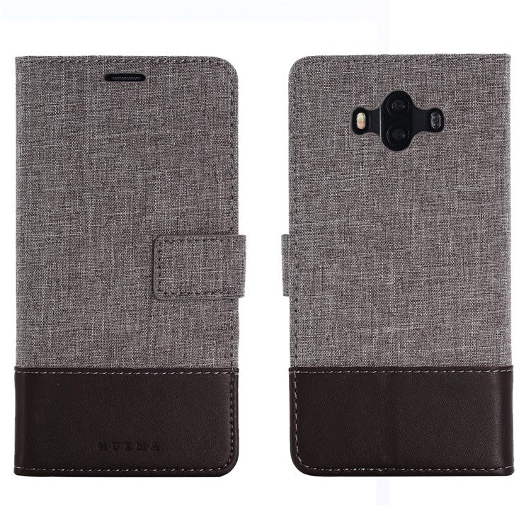 MUXMA Leather Canvas Splicing Stand Mobile Phone Case for Huawei Mate 10 - Brown