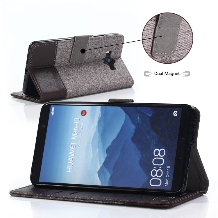 MUXMA Leather Canvas Splicing Stand Mobile Phone Case for Huawei Mate 10 - Brown