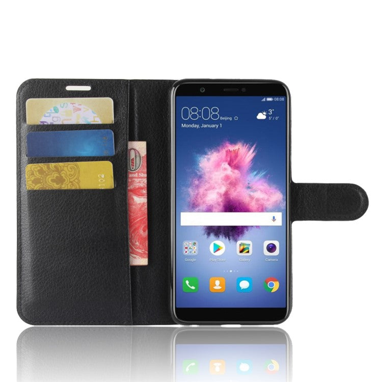 Litchi Skin PU Leather Wallet Stand Phone Shell for Huawei P Smart / Enjoy 7S - Black