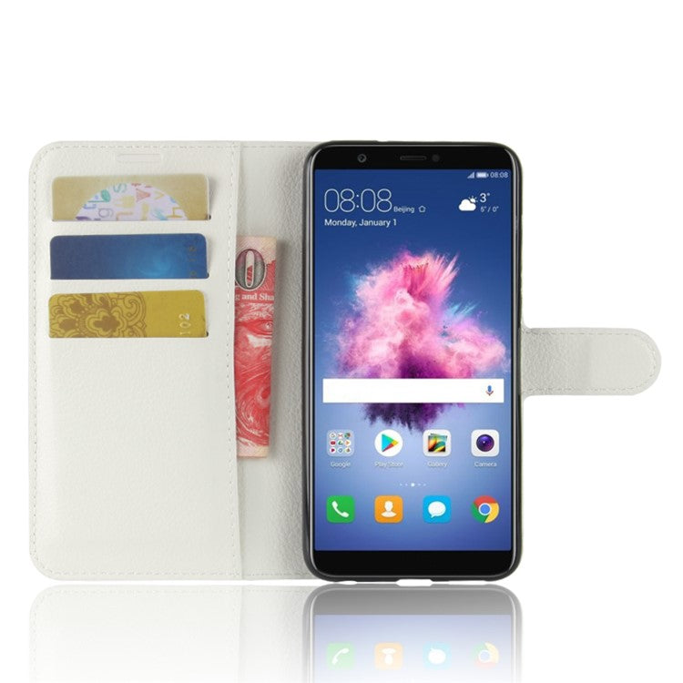 Litchi Skin PU Leather Wallet Stand Flip Case for Huawei P Smart / Enjoy 7S - White