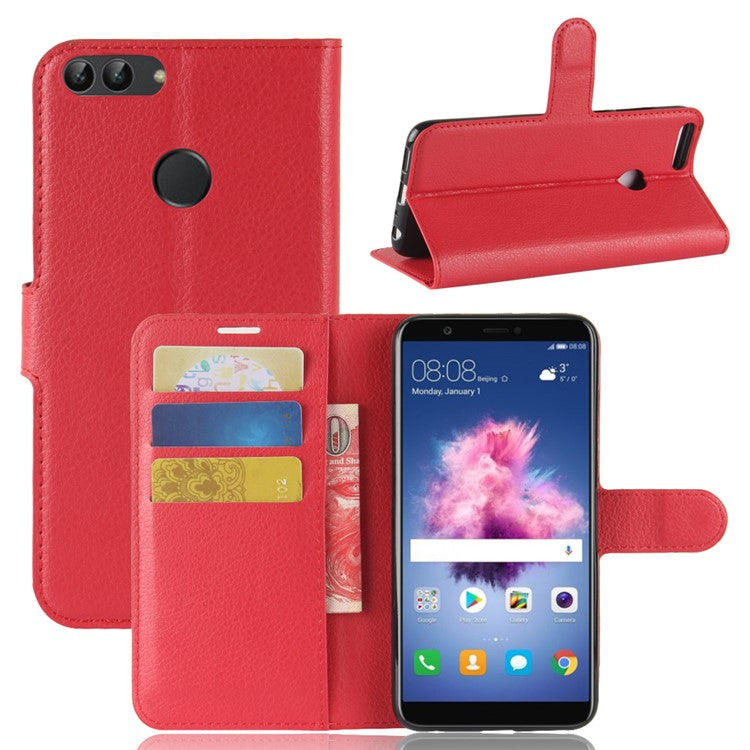 Litchi Skin PU Leather Wallet Phone Casing with Stand for Huawei P Smart / Enjoy 7S - Red