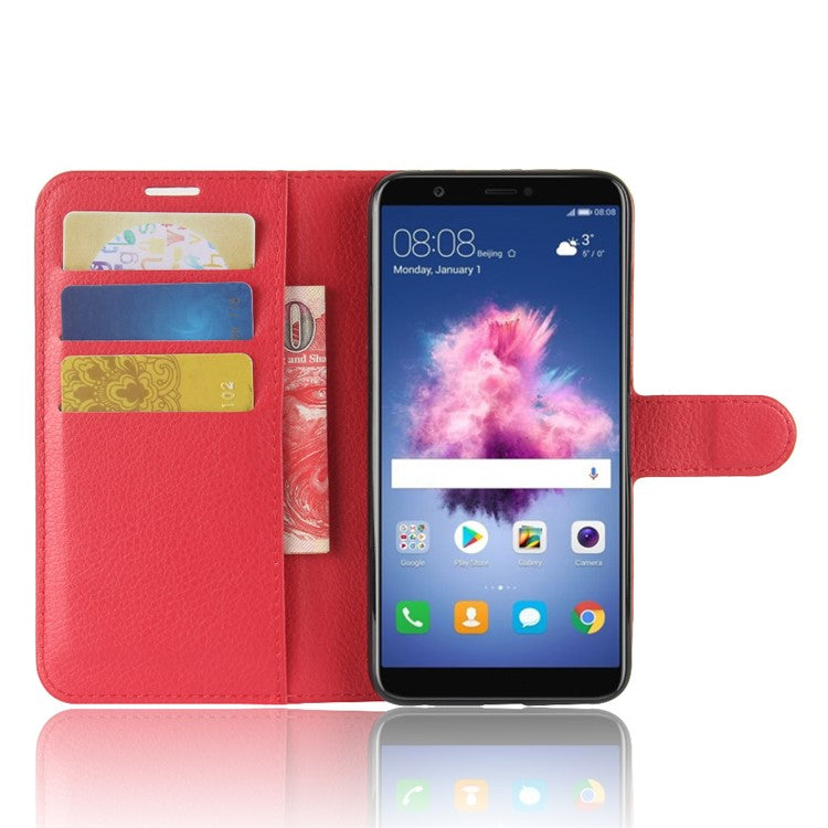 Litchi Skin PU Leather Wallet Phone Casing with Stand for Huawei P Smart / Enjoy 7S - Red