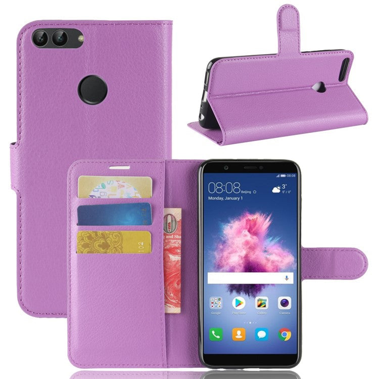 Litchi Grain Leather Wallet Stand Folio Protective Shell for Huawei P Smart / Enjoy 7S - Purple