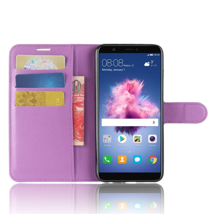 Litchi Grain Leather Wallet Stand Folio Protective Shell for Huawei P Smart / Enjoy 7S - Purple