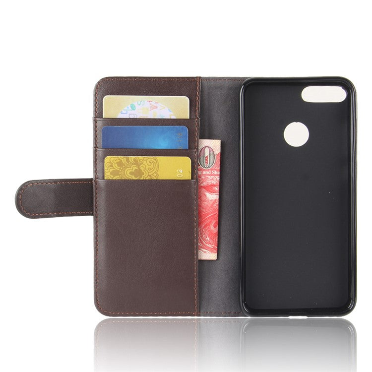 Genuine Split Leather Wallet Stand Cover for Huawei P Smart / Enjoy 7S - Brown