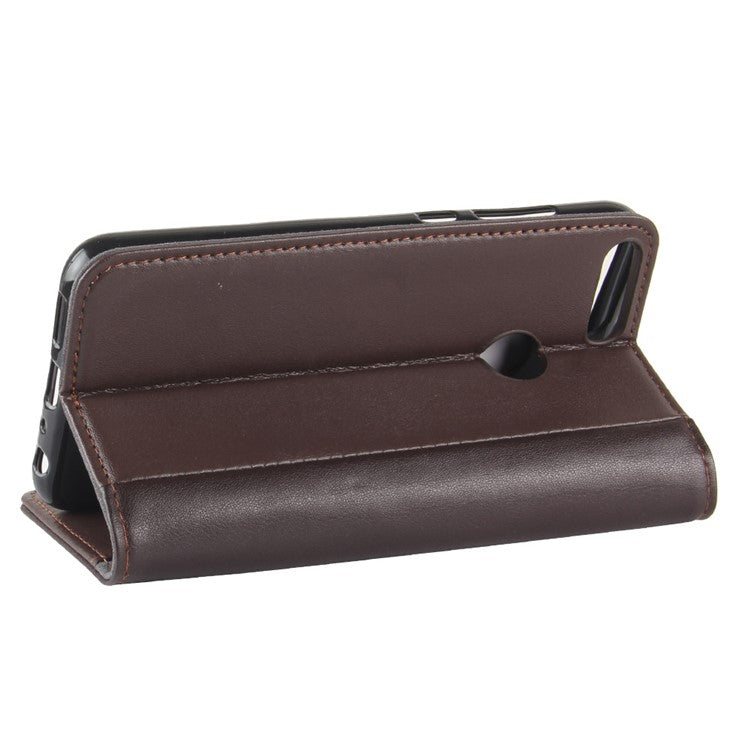 Genuine Split Leather Wallet Stand Cover for Huawei P Smart / Enjoy 7S - Brown