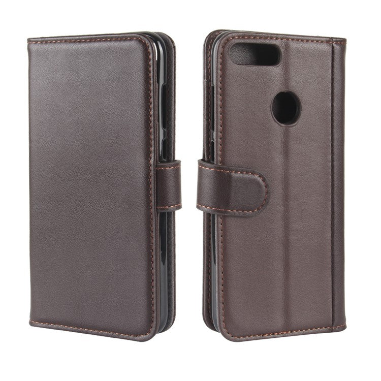 Genuine Split Leather Wallet Stand Cover for Huawei P Smart / Enjoy 7S - Brown