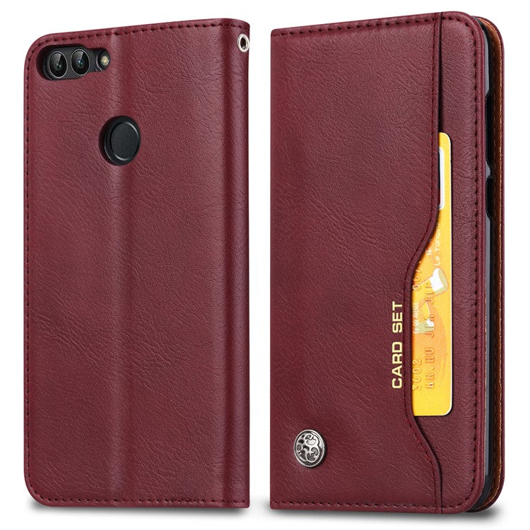 PU Leather Wallet Stand Case for Huawei P Smart / Enjoy 7S - Wine Red