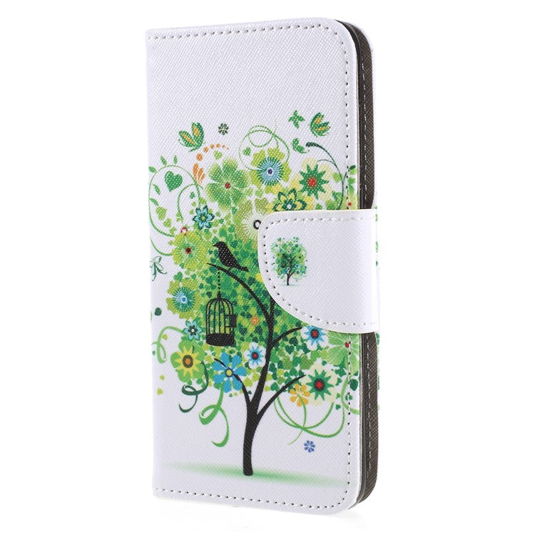 Pattern Printing Cross Texture Stand Wallet PU Leather Mobile Case for Huawei P Smart / Enjoy 7S - Green Tree with Flower