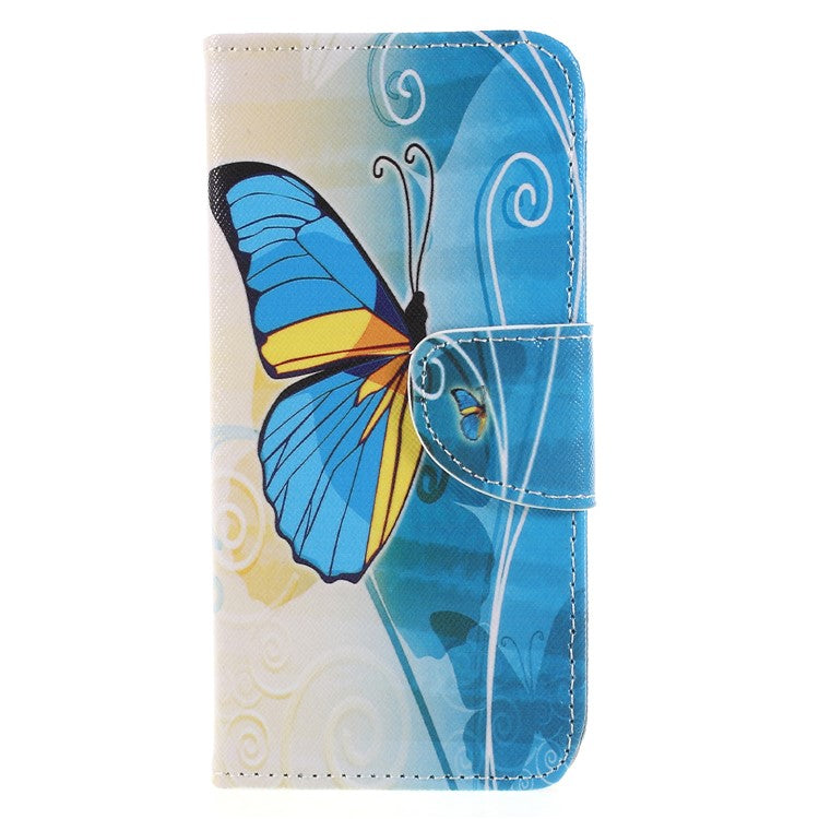 Pattern Printing Cross Texture Stand Wallet Leather Case for Huawei P Smart / Enjoy 7S - Blue and Gold Butterfly