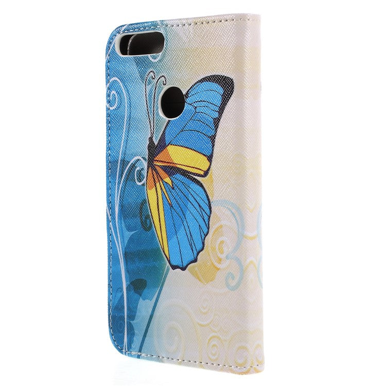 Pattern Printing Cross Texture Stand Wallet Leather Case for Huawei P Smart / Enjoy 7S - Blue and Gold Butterfly