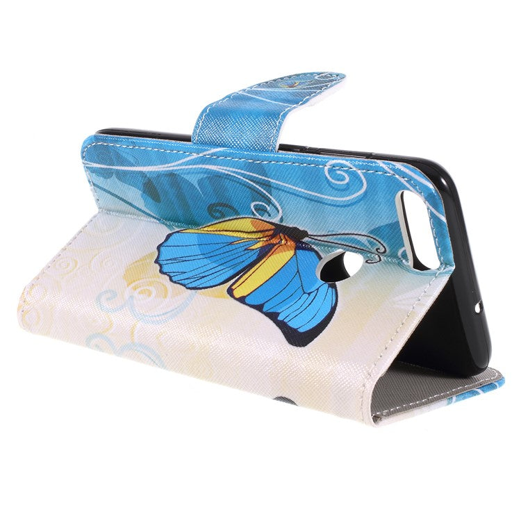 Pattern Printing Cross Texture Stand Wallet Leather Case for Huawei P Smart / Enjoy 7S - Blue and Gold Butterfly