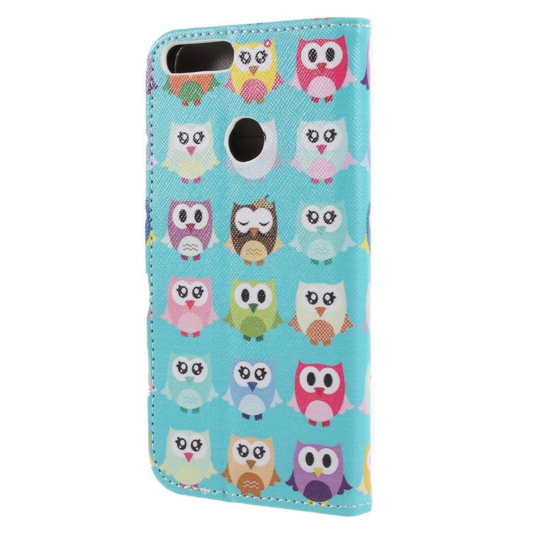 Pattern Printing Cross Texture Stand Wallet Leather Folio Protection Shell for Huawei P Smart / Enjoy 7S - Owl Family Green Background