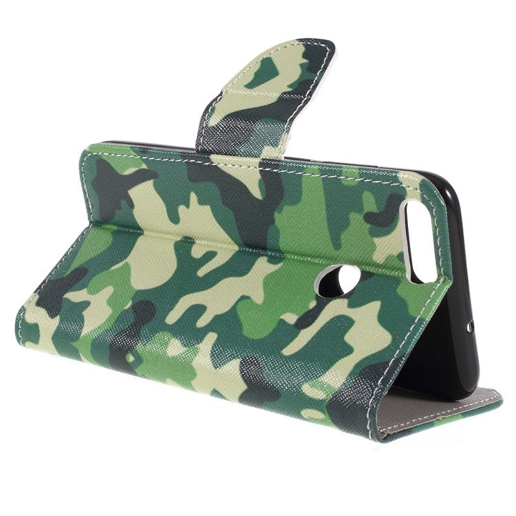 Pattern Printing Cross Grain Wallet Stand PU Leather Case Shell for Huawei P Smart / Enjoy 7S - Camouflage Cloth