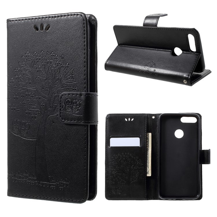 Imprint Tree Owl Pattern Wallet Stand Leather Cover for Huawei P Smart / Enjoy 7S - Black