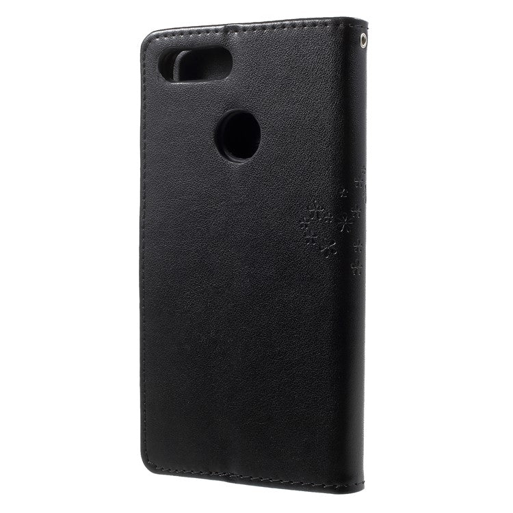 Imprint Tree Owl Pattern Wallet Stand Leather Cover for Huawei P Smart / Enjoy 7S - Black