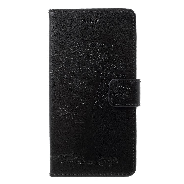Imprint Tree Owl Pattern Wallet Stand Leather Cover for Huawei P Smart / Enjoy 7S - Black