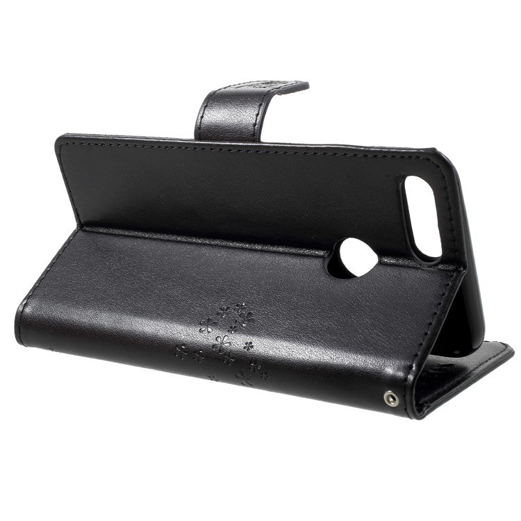 Imprint Tree Owl Pattern Wallet Stand Leather Cover for Huawei P Smart / Enjoy 7S - Black