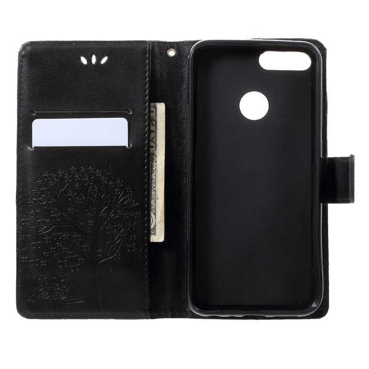 Imprint Tree Owl Pattern Wallet Stand Leather Cover for Huawei P Smart / Enjoy 7S - Black