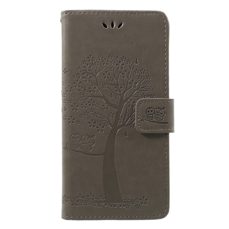 Imprint Tree Owl Pattern Wallet Stand Leather Case for Huawei P Smart / Enjoy 7S - Grey