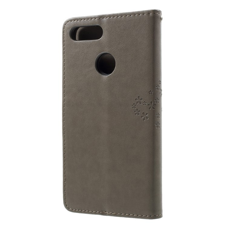 Imprint Tree Owl Pattern Wallet Stand Leather Case for Huawei P Smart / Enjoy 7S - Grey