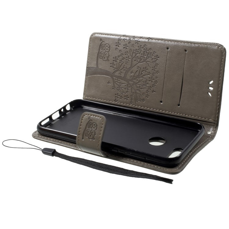 Imprint Tree Owl Pattern Wallet Stand Leather Case for Huawei P Smart / Enjoy 7S - Grey