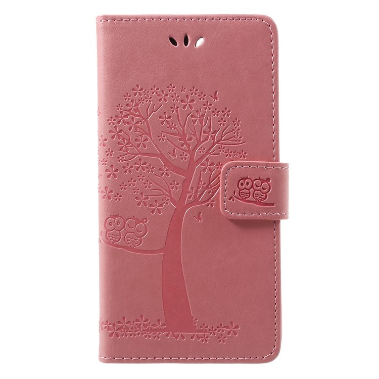 Imprint Tree Owl Pattern PU Leather Wallet Stand Phone Cover for Huawei P Smart / Enjoy 7S - Pink
