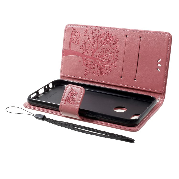 Imprint Tree Owl Pattern PU Leather Wallet Stand Phone Cover for Huawei P Smart / Enjoy 7S - Pink