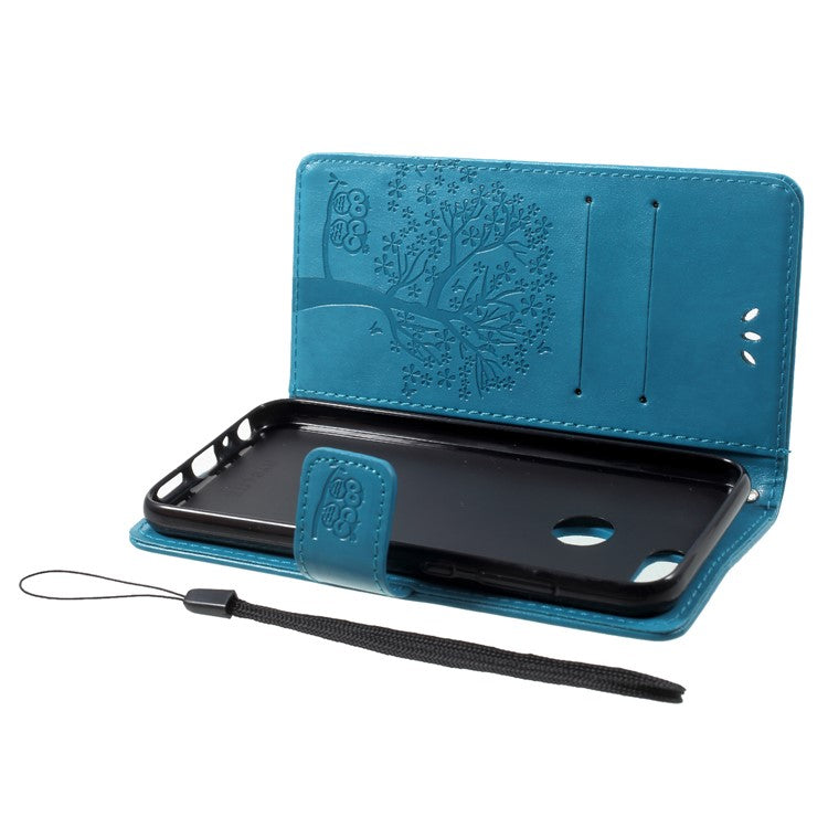 Imprint Tree Owl Pattern PU Leather Protection Cover Shell for Huawei P Smart / Enjoy 7S - Blue