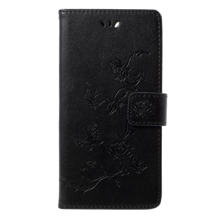 Imprint Butterfly Flower Wallet Stand Leather Case for Huawei P Smart / Enjoy 7S - Black