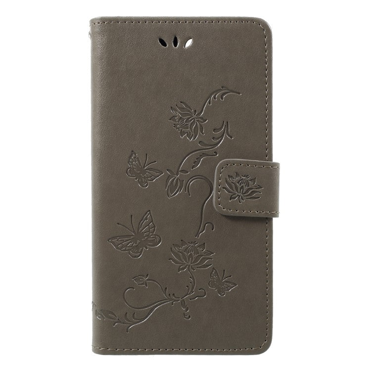 Imprint Butterfly Flower Wallet Stand Leather Cover for Huawei P Smart / Enjoy 7S - Grey