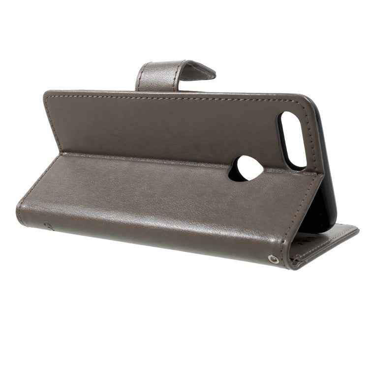 Imprint Butterfly Flower Wallet Stand Leather Cover for Huawei P Smart / Enjoy 7S - Grey