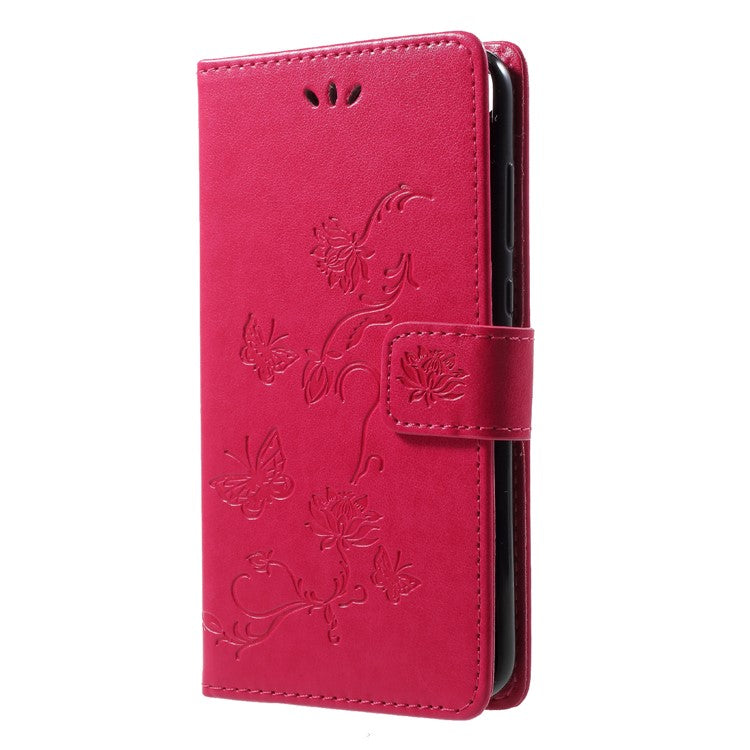 Imprint Butterfly Flower Wallet Stand Leather Shell for Huawei P Smart / Enjoy 7S - Rose