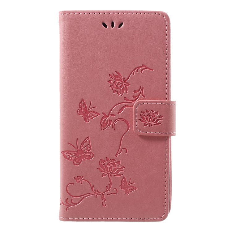 Imprint Butterfly Flower Wallet Stand Leather Phone Case for Huawei P Smart / Enjoy 7S - Pink