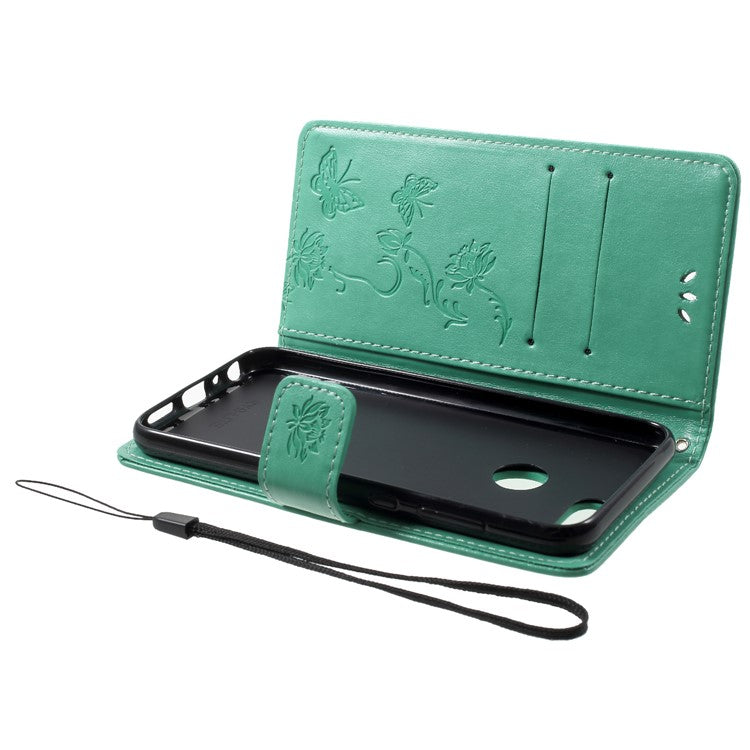 Imprint Butterfly Flower Wallet Stand Leather Mobile Case for Huawei P Smart / Enjoy 7S - Green