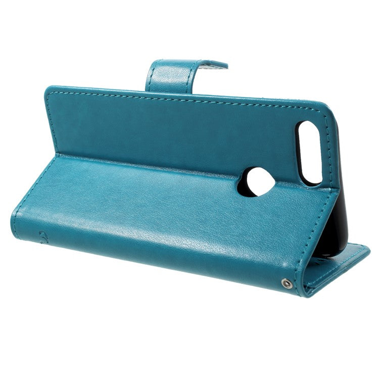 Imprint Butterfly Flower Wallet Stand Leather Phone Cover for Huawei P Smart / Enjoy 7S - Blue