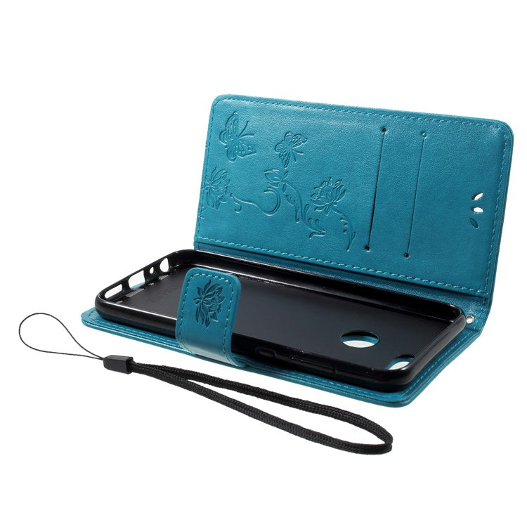 Imprint Butterfly Flower Wallet Stand Leather Phone Cover for Huawei P Smart / Enjoy 7S - Blue