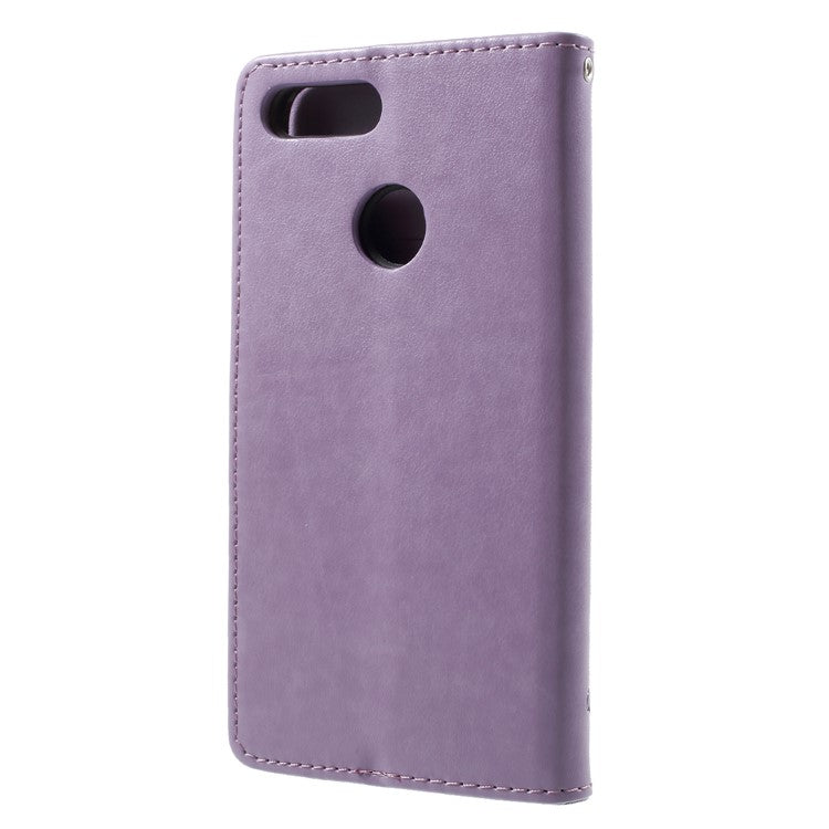 Imprint Butterfly Flower Wallet Stand Leather Protector Case for Huawei P Smart / Enjoy 7S - Light Purple